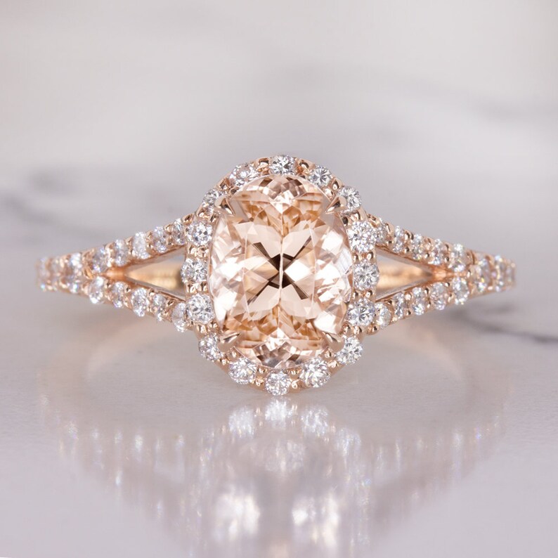 1 CT Oval Cut Peach Morganite Diamond Rose Gold Over On 925 Sterling Silver Halo Split Shank Engagement Ring