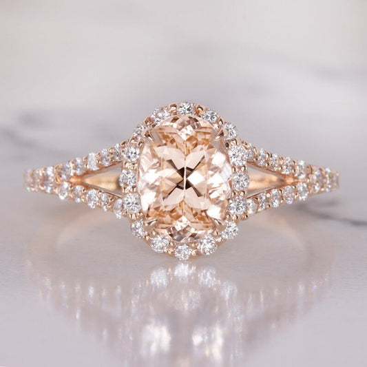 1 CT Oval Cut Peach Morganite Diamond Rose Gold Over On 925 Sterling Silver Halo Split Shank Engagement Ring