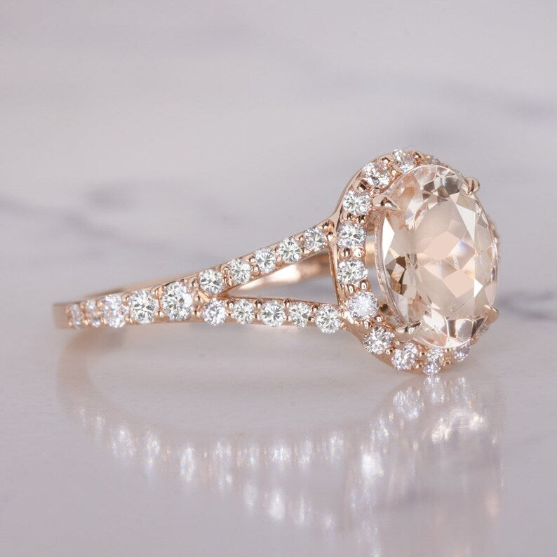 1 CT Oval Cut Peach Morganite Diamond Rose Gold Over On 925 Sterling Silver Halo Split Shank Engagement Ring