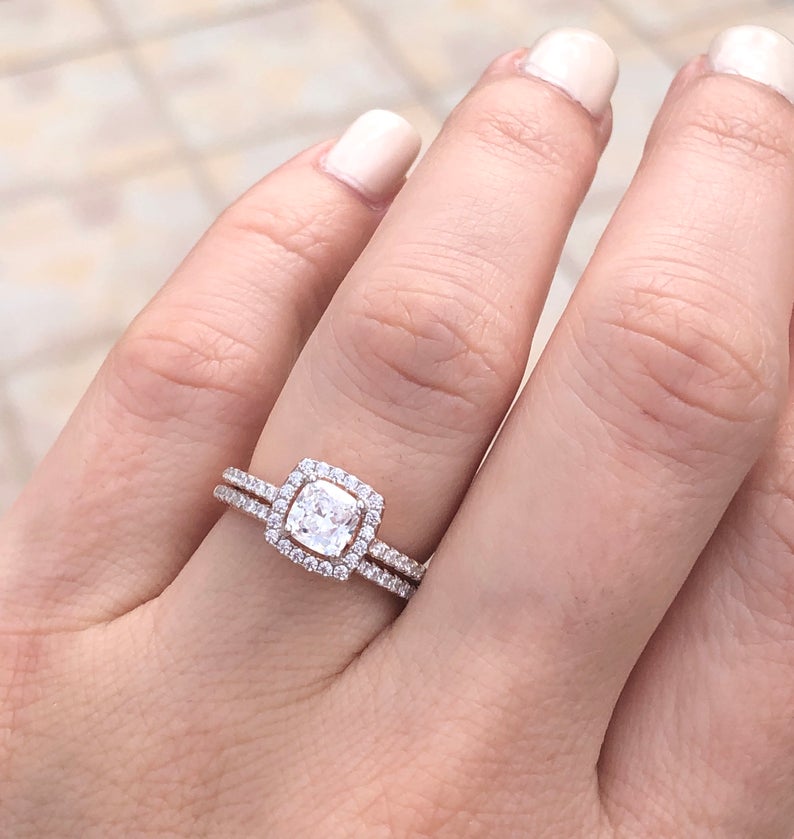 1 CT Cushion Cut Diamond 925 Sterling Silver Square Halo Bridal Ring Set