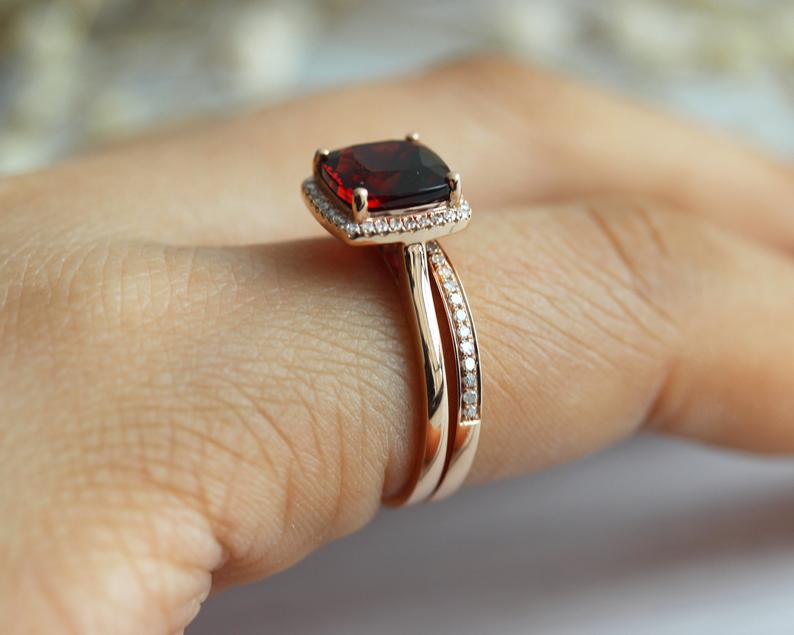 1 CT Cushion Cut Red Garnet Rose Gold Over On 925 Sterling Silver Halo Engagement Bridal Ring Set