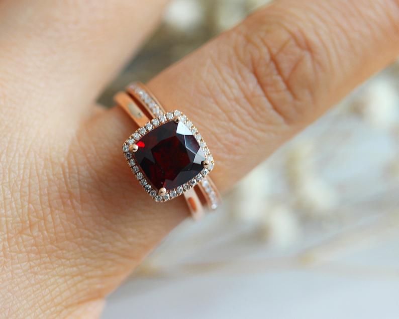 1 CT Cushion Cut Red Garnet Rose Gold Over On 925 Sterling Silver Halo Engagement Bridal Ring Set