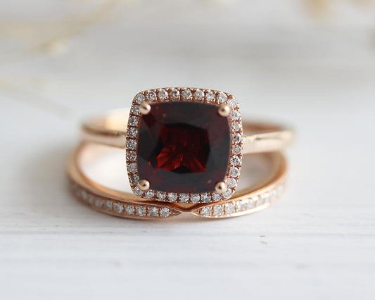 1 CT Cushion Cut Red Garnet Rose Gold Over On 925 Sterling Silver Halo Engagement Bridal Ring Set