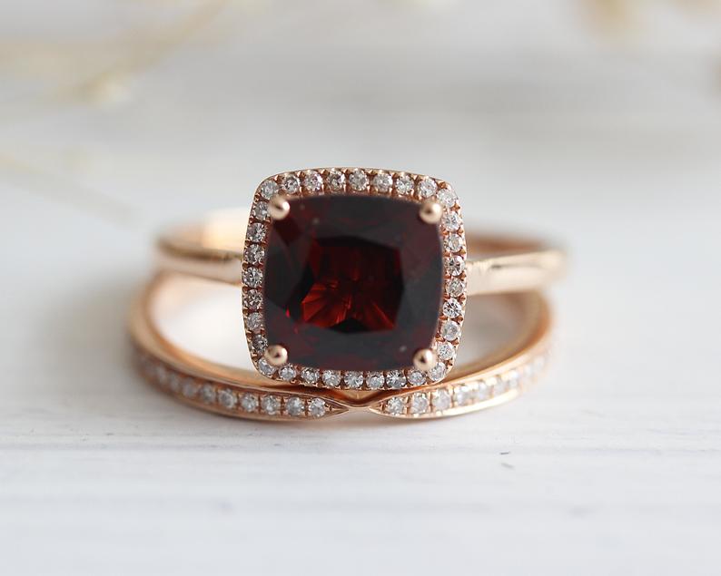 1 CT Cushion Cut Red Garnet Rose Gold Over On 925 Sterling Silver Halo Engagement Bridal Ring Set