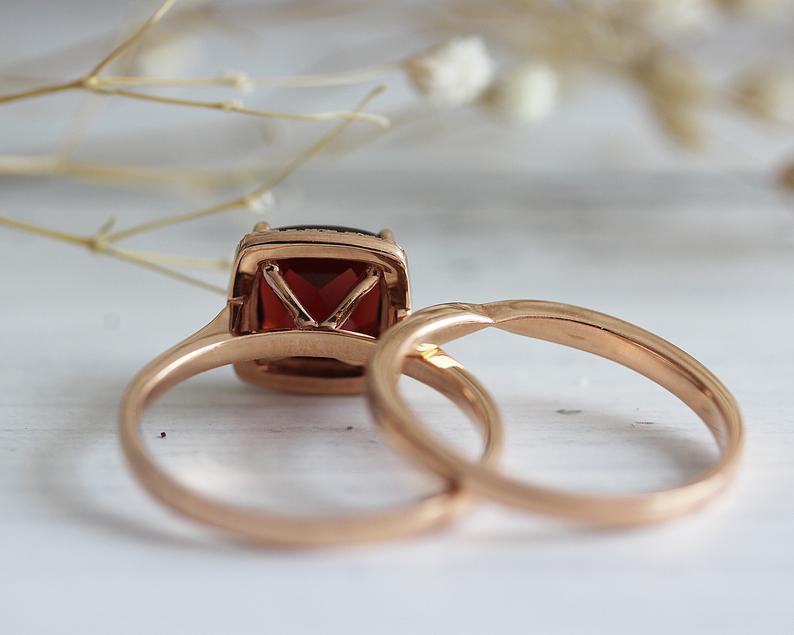 1 CT Cushion Cut Red Garnet Rose Gold Over On 925 Sterling Silver Halo Engagement Bridal Ring Set
