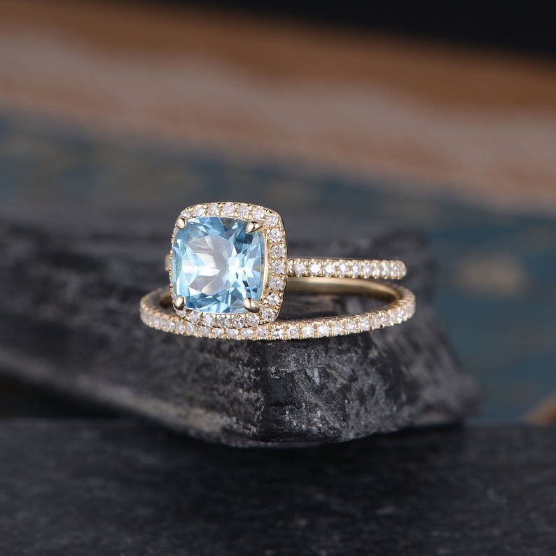 2.50 Ct Cushion Cut Blue Aquamarine 925 Sterling Silver Halo Wedding Bridal Ring Set