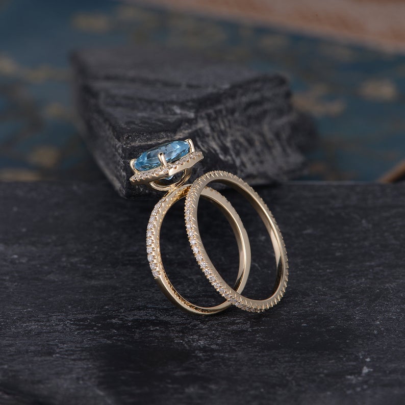 2.50 Ct Cushion Cut Blue Aquamarine 925 Sterling Silver Halo Wedding Bridal Ring Set