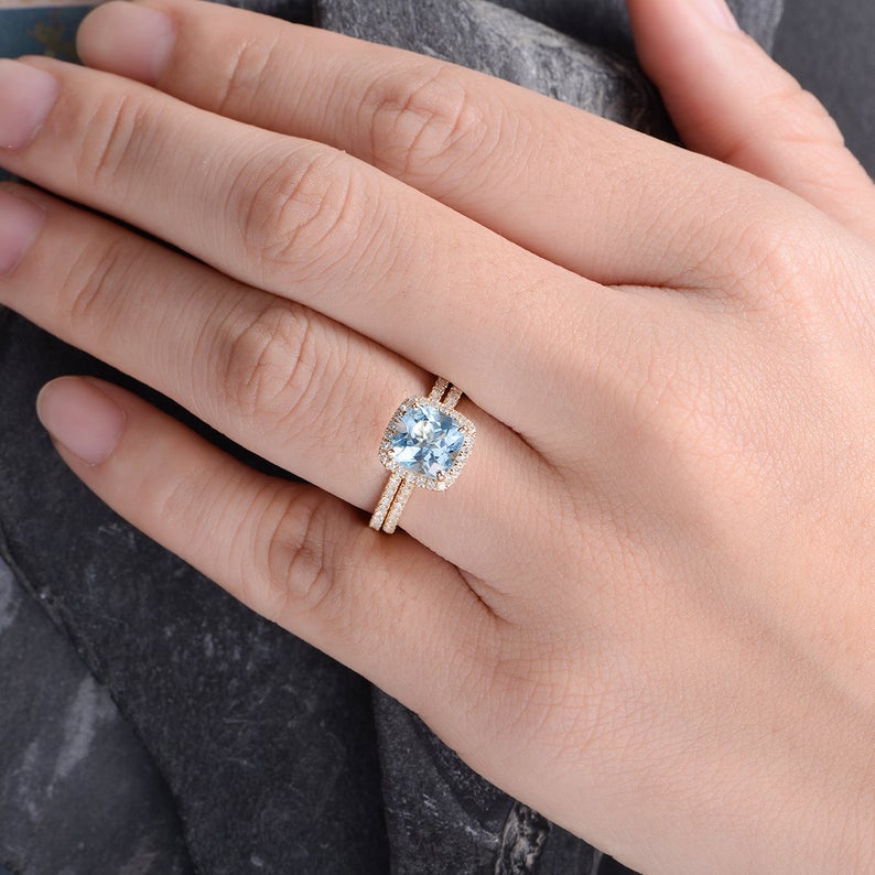 2.50 Ct Cushion Cut Blue Aquamarine 925 Sterling Silver Halo Wedding Bridal Ring Set
