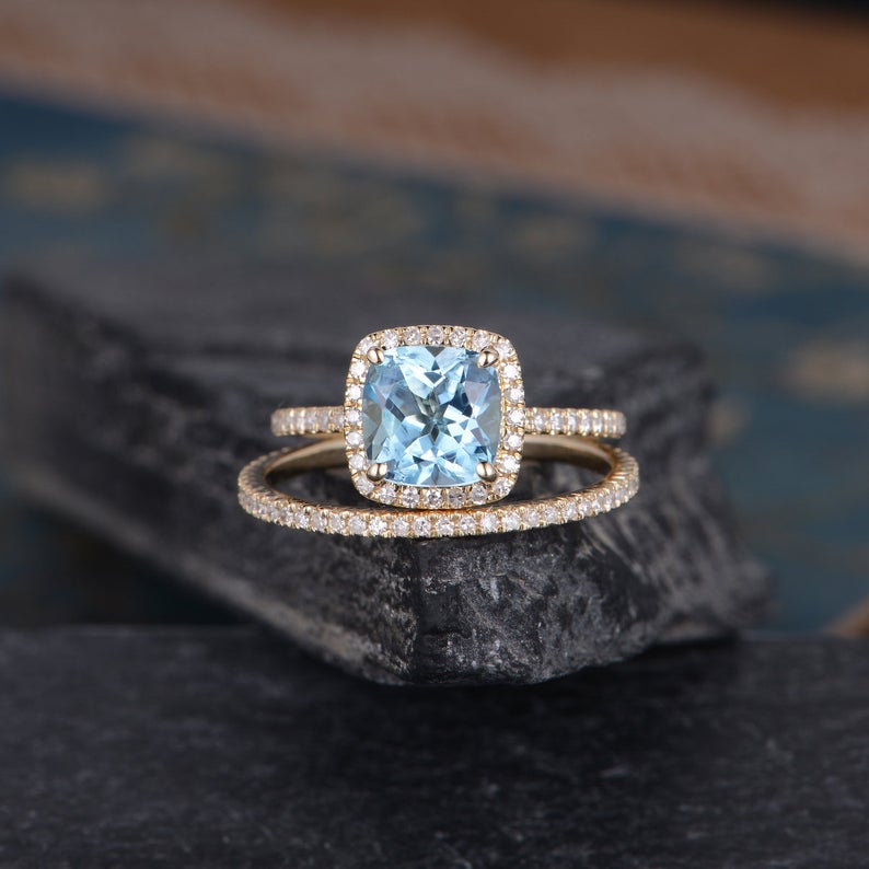2.50 Ct Cushion Cut Blue Aquamarine 925 Sterling Silver Halo Wedding Bridal Ring Set