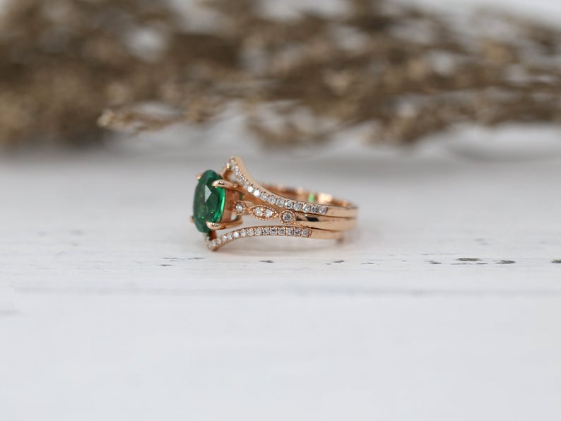 1 CT Oval Cut Emerald Diamond Rose Gold Over On 925 Sterling Silver Half Eternity Wedding Ring Set