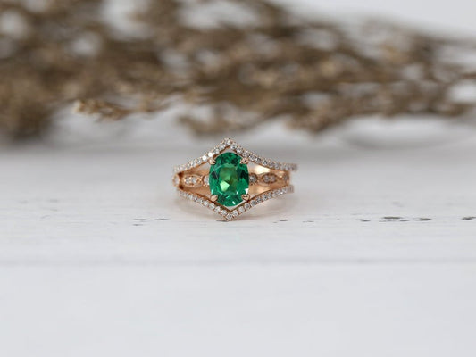 1 CT Oval Cut Emerald Diamond Rose Gold Over On 925 Sterling Silver Half Eternity Wedding Ring Set