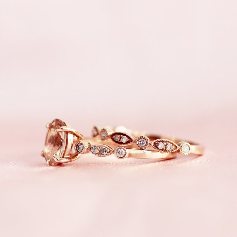 1 CT Oval Cut Morganite Diamond Rose Gold Over On 925 Sterling Silver Bridal Ring Set