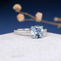 1.50 Ct Round Cut Aquamarine & White CZ 925 Sterling Silver Solitaire W/Accents Ring