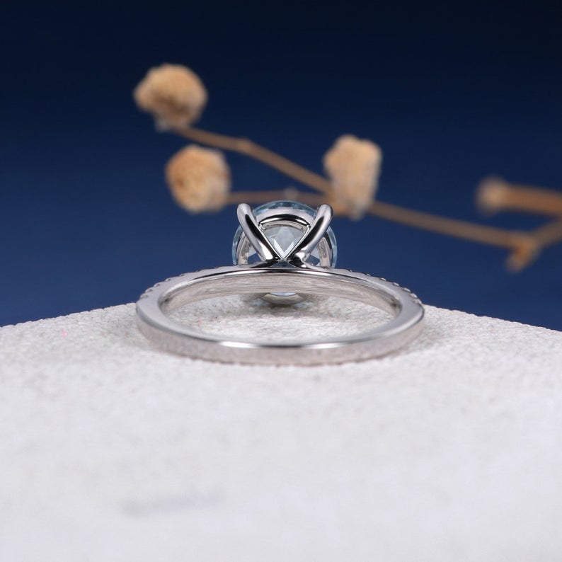1.50 Ct Round Cut Aquamarine & White CZ 925 Sterling Silver Solitaire W/Accents Ring