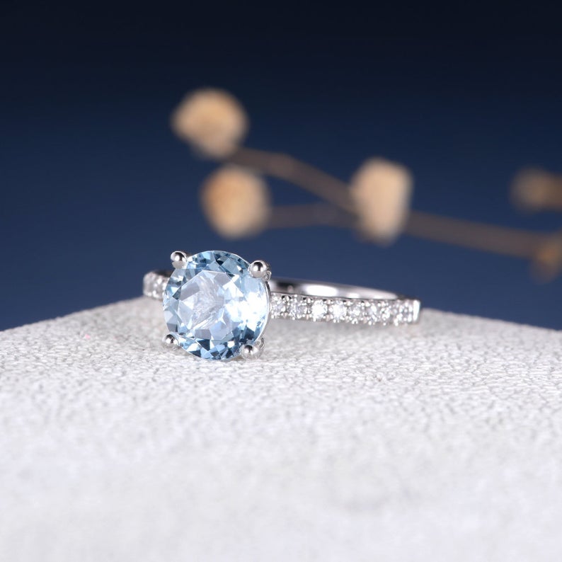 1.50 Ct Round Cut Aquamarine & White CZ 925 Sterling Silver Solitaire W/Accents Ring