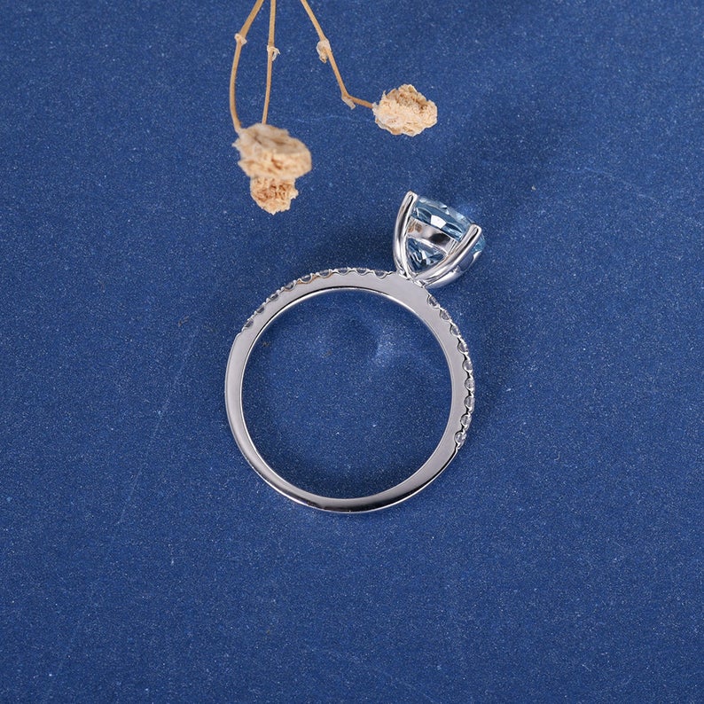 1.50 Ct Round Cut Aquamarine & White CZ 925 Sterling Silver Solitaire W/Accents Ring