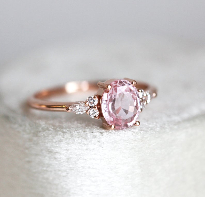 1 CT Oval Cut Pink Sapphire Diamond Rose Gold Over On 925 Sterling Silver Solitaire With Accents Ring