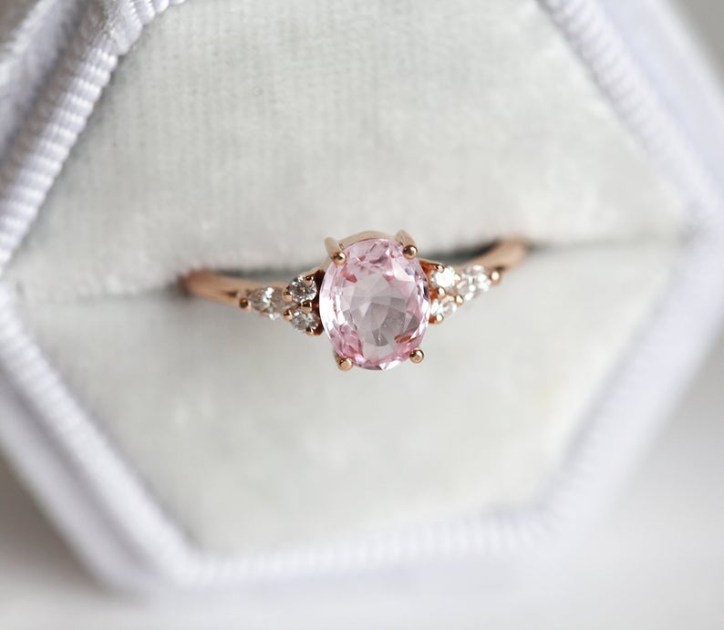 1 CT Oval Cut Pink Sapphire Diamond Rose Gold Over On 925 Sterling Silver Solitaire With Accents Ring