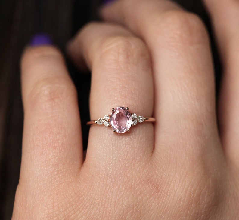 1 CT Oval Cut Pink Sapphire Diamond Rose Gold Over On 925 Sterling Silver Solitaire With Accents Ring