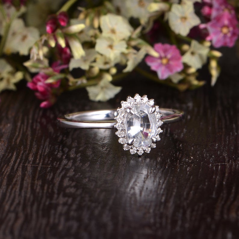 1 CT Oval Cut White Sapphire Diamond White Gold Over On 925 Sterling Silver Halo Woman Wedding Ring