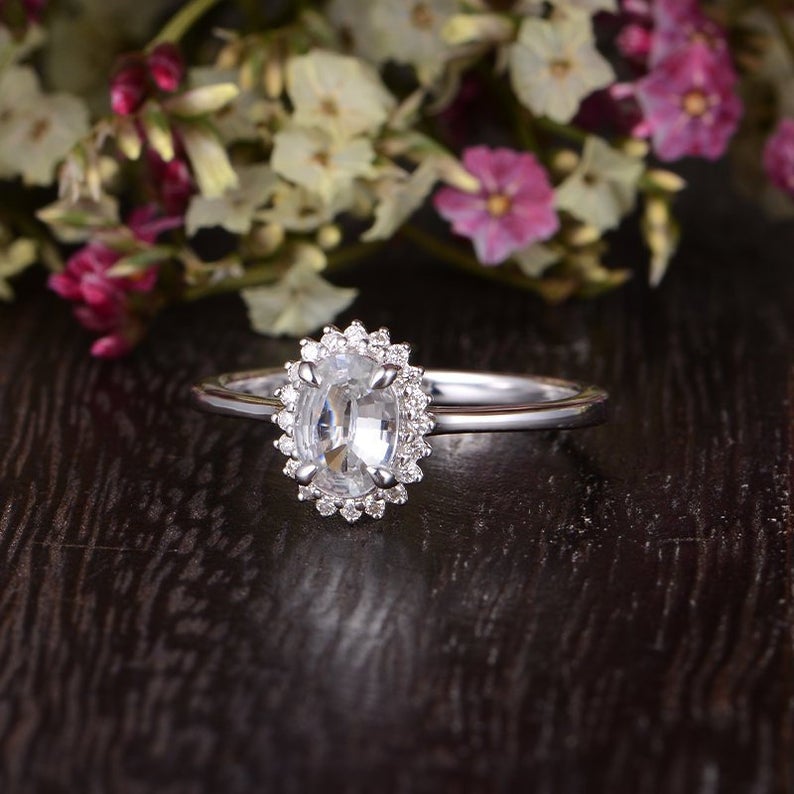 1 CT Oval Cut White Sapphire Diamond White Gold Over On 925 Sterling Silver Halo Woman Wedding Ring