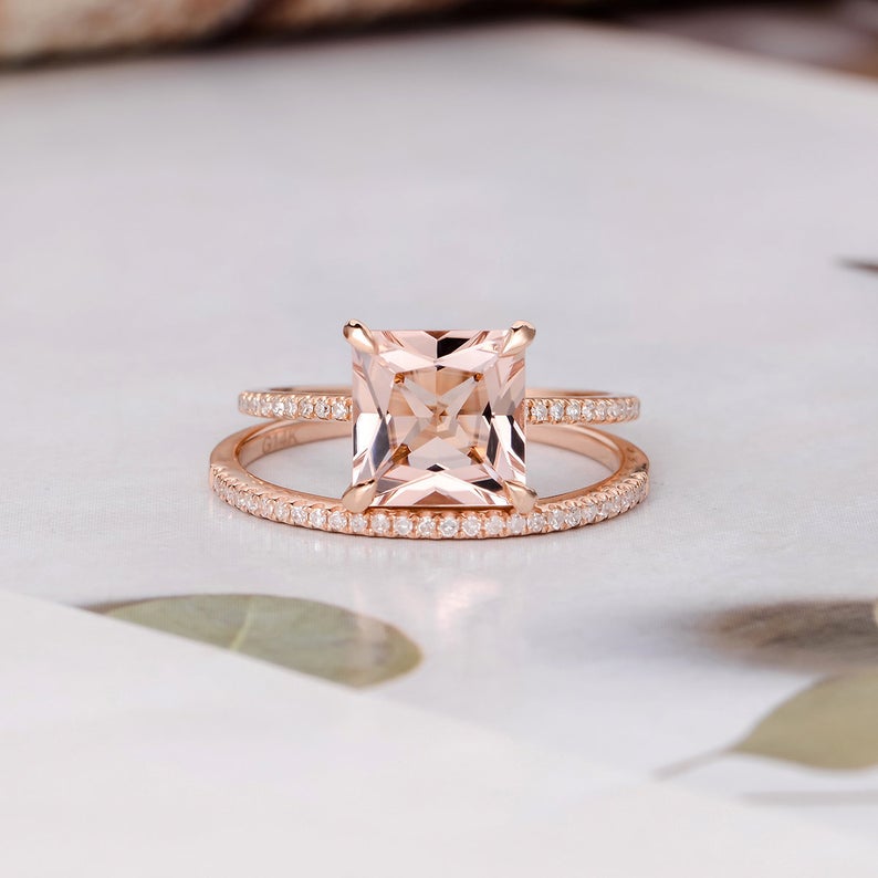 1 CT Princess Cut Morganite Diamond Rose Gold Over On 925 Sterling Silver Women Halo Bridal Ring Set