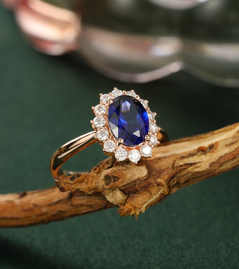 2 CT Oval Cut Blue Sapphire Diamond Rose Gold Over On 925 Sterling Silver Halo Women Promise Ring