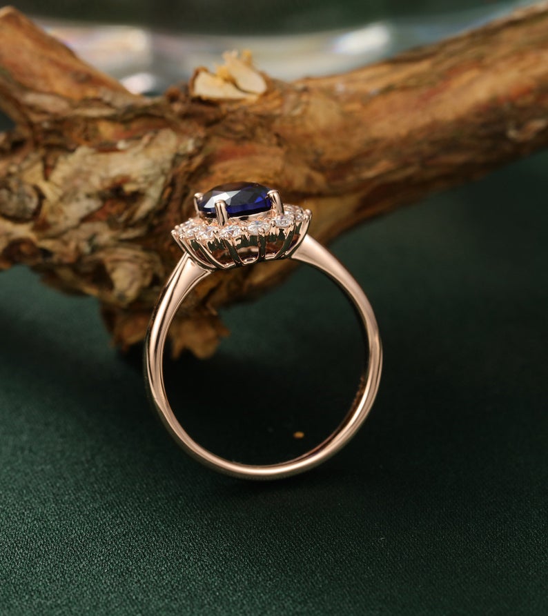 2 CT Oval Cut Blue Sapphire Diamond Rose Gold Over On 925 Sterling Silver Halo Women Promise Ring