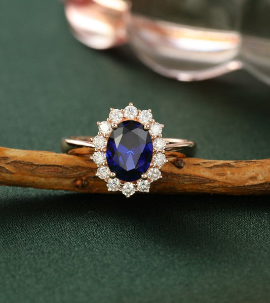 2 CT Oval Cut Blue Sapphire Diamond Rose Gold Over On 925 Sterling Silver Halo Women Promise Ring