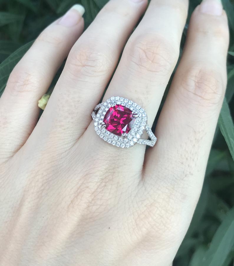 1 CT Ruby Cushion Cut Diamond 925 Sterling Silver Double Halo Anniversary Ring for Her