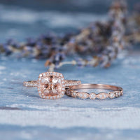 1 CT Cushion Cut Morganite Diamond Rose Gold Over On 925 Sterling Silver Halo Wedding Band Women Bridal Set