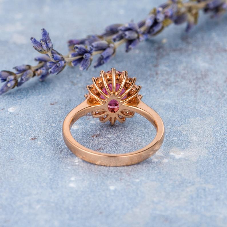 1.50 Ct Oval Cut Pink Ruby Rose Gold Over On 925 Sterling Silver Halo Engagement Ring
