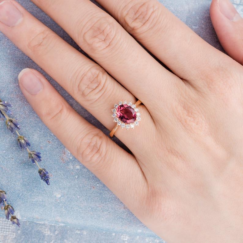 1.50 Ct Oval Cut Pink Ruby Rose Gold Over On 925 Sterling Silver Halo Engagement Ring