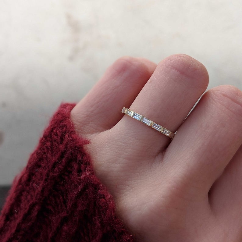 1.50 CT Baguette Cut Diamond Yellow Gold Ove On 925 Sterling Silver Full Eternity Wedding Band ring