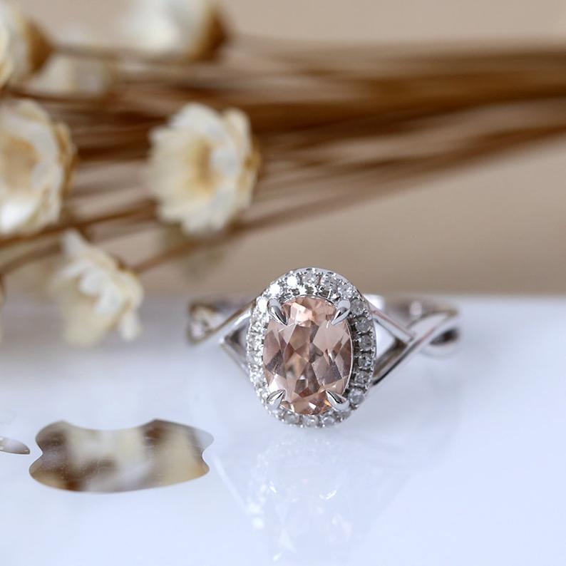 1 CT Oval Cut Peach Morganite Diamond White Gold Over On 925 Sterling Silver Halo Wedding Ring