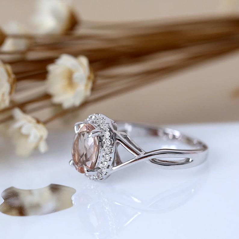 1 CT Oval Cut Peach Morganite Diamond White Gold Over On 925 Sterling Silver Halo Wedding Ring