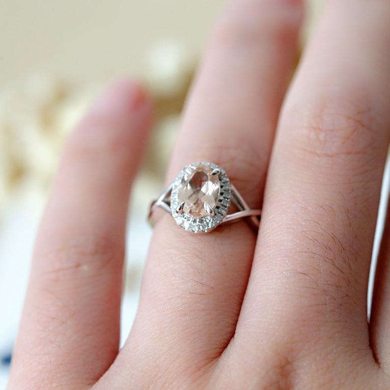 CT Oval Cut Peach Morganite Diamond White Gold Over On 925 Sterling Silver Halo Wedding Ring