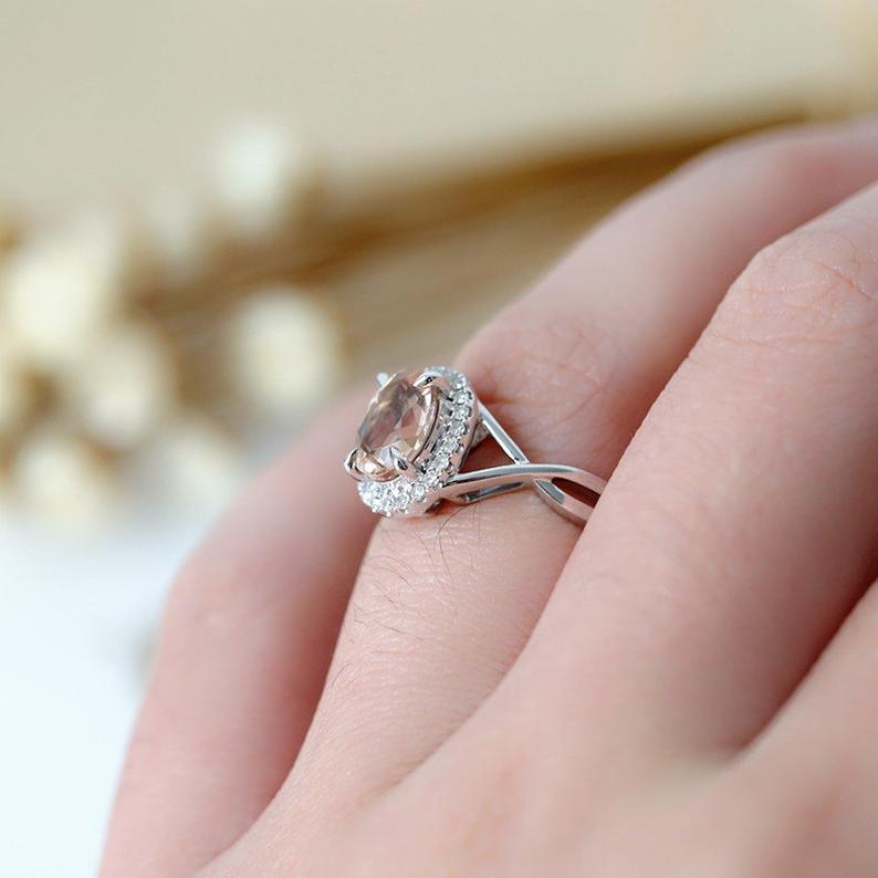 1 CT Oval Cut Peach Morganite Diamond White Gold Over On 925 Sterling Silver Halo Wedding Ring