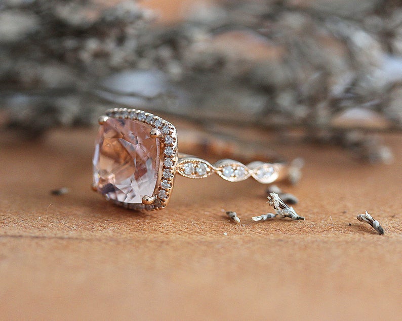 2 CT Cushion Cut Pink Morganite Diamond 925 Sterling Silver Halo Engagement Ring
