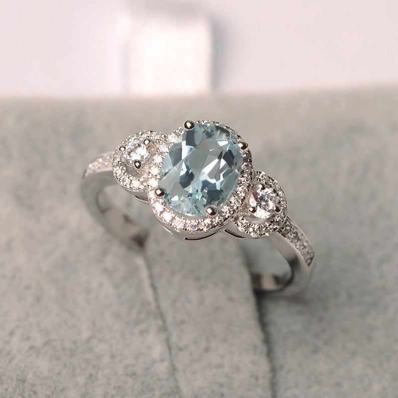 1 CT Oval Cut Aquamarine Diamond White Gold Over On 925 Sterling Silver Halo Engagement Ring For Women