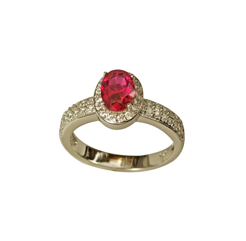 1 CT Oval Cut Red Ruby Diamond 925 Sterling Women Halo Anniversary Ring