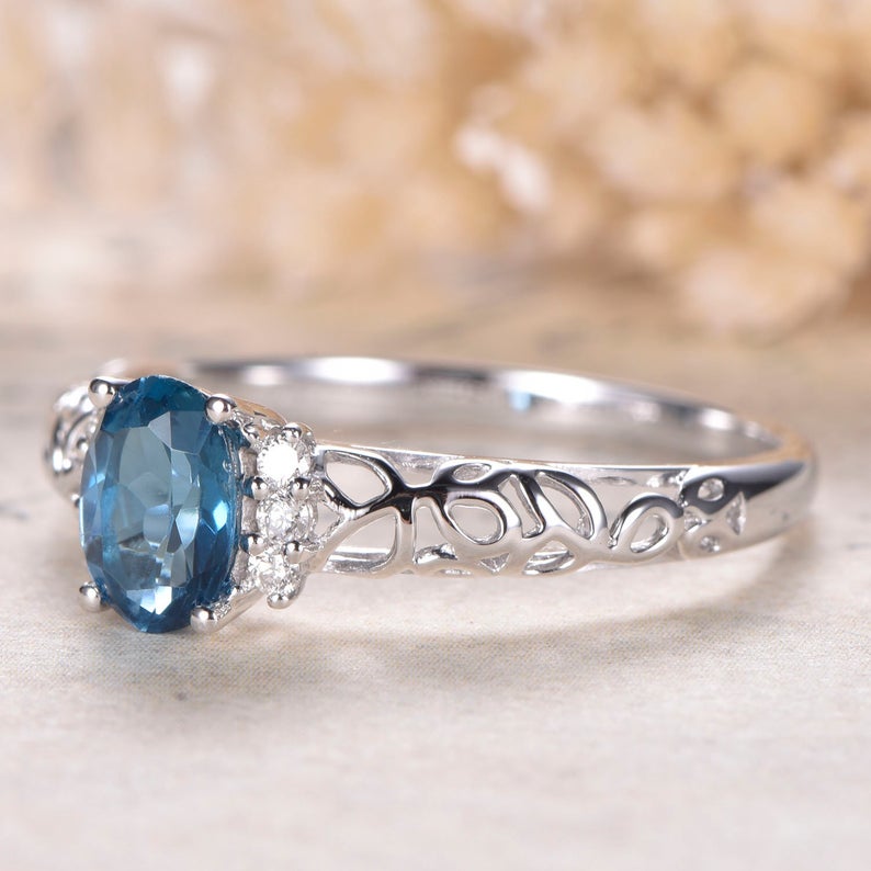 1.20 Ct Oval Cut London Blue Topaz Solitaire W/Accents Promise Gift Ring In 925 Sterling Silver