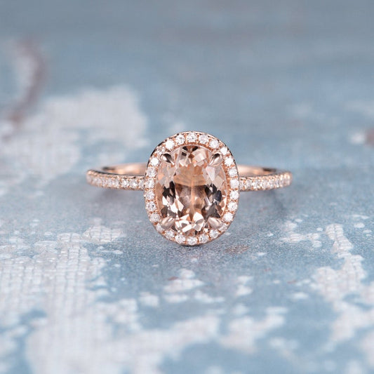1 CT Oval Cut Morganite Diamond Rose Gold Over On 925 Sterling Silver Women Halo Wedding Ring