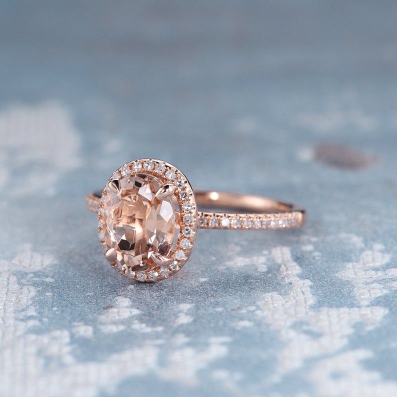 1 CT Oval Cut Morganite Diamond Rose Gold Over On 925 Sterling Silver Women Halo Wedding Ring