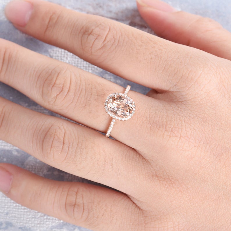 1 CT Oval Cut Morganite Diamond Rose Gold Over On 925 Sterling Silver Women Halo Wedding Ring