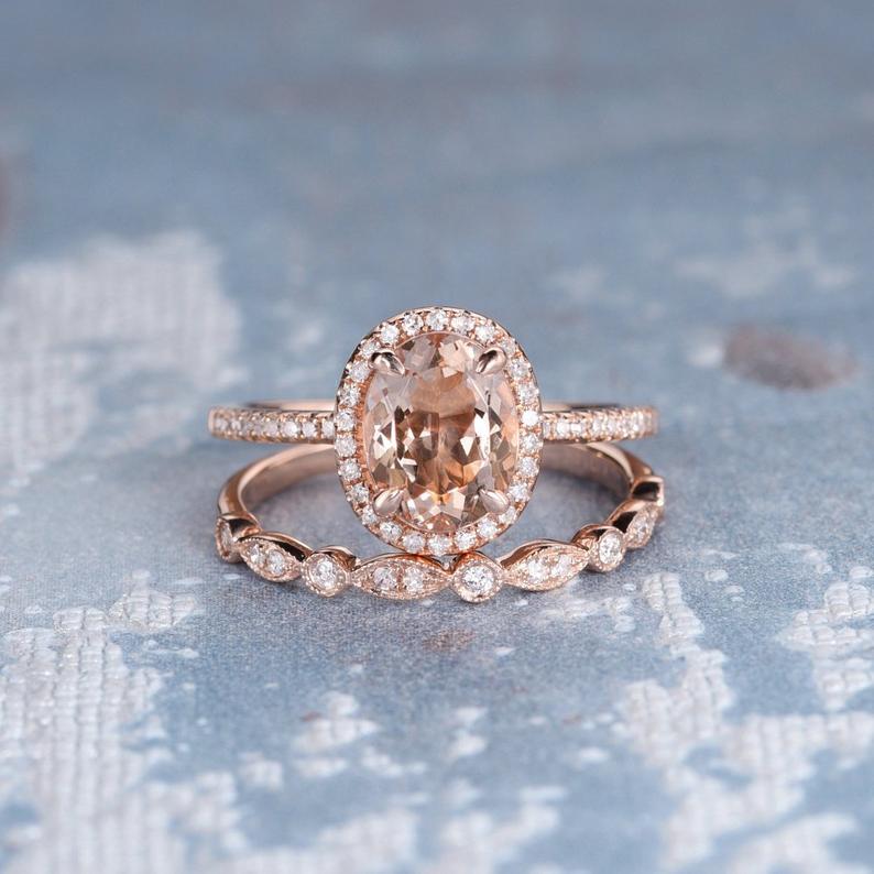 1 CT Oval Cut Morganite Diamond 925 Sterling Silver Women Wedding Bridal Set