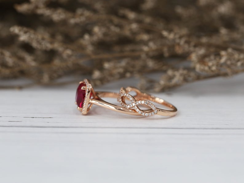 1 CT Cushion Cut Red Ruby Diamond 925 Sterling Silver Wedding Bridal Ring Set