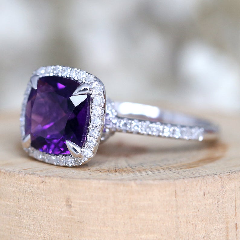 2 CT Cushion Cut Amethyst Diamond 925 Sterling Silver Halo Wedding Ring