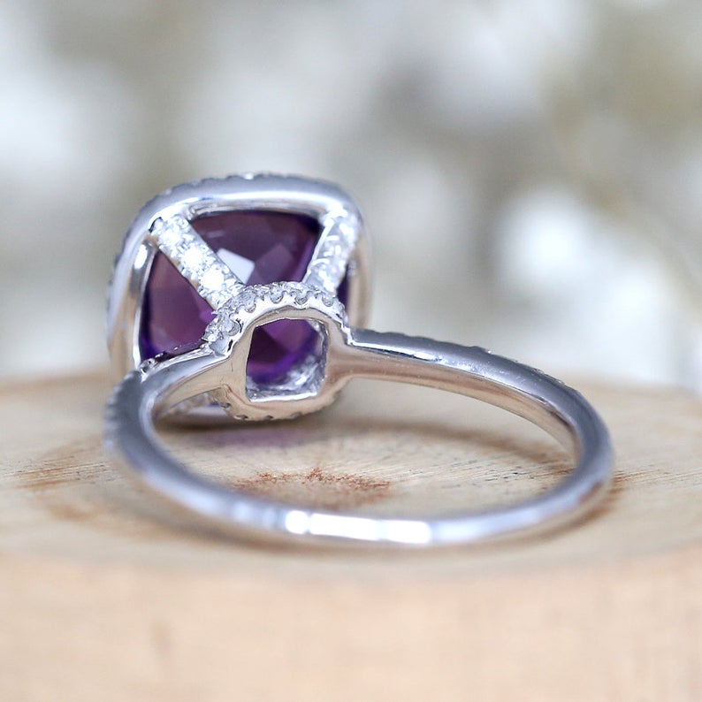2 CT Cushion Cut Amethyst Diamond 925 Sterling Silver Halo Wedding Ring