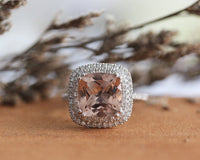 1 CT Pink Morganite Cushion Cut Diamond 925 Sterling Silver Double Halo Anniversary Ring
